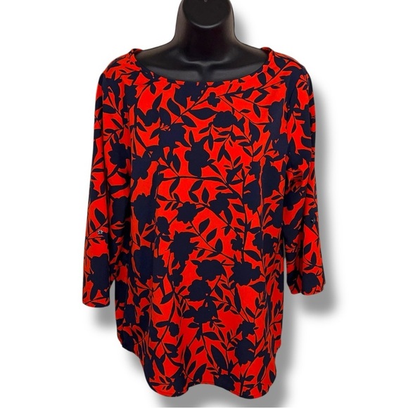 croft & barrow Tops - Small Croft And Barrow Red Navy Blue Floral Print Blouse 3/4 Sleeve Lightweight